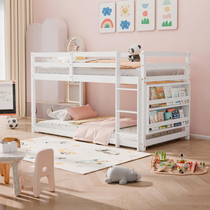 Low Bunk Bed for Kids, Floor Bunk Bed Twin over Twin with Bookshelves & Full Guardrails, Wooden Twin Bunk Bed Frame for Bedroom, Dorm, Boys, Girls, Children, Toddler (White)