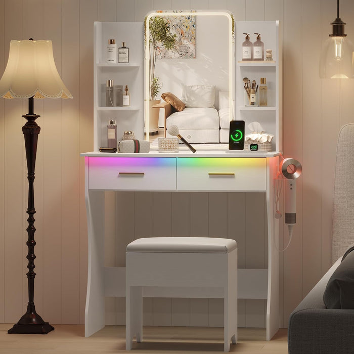 White Vanity Desk With Illuminated Mirror Compartment