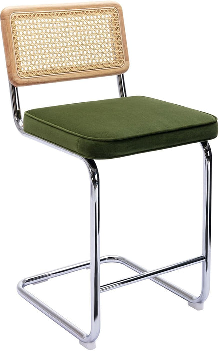 Natural Rattan Counter Stools Set of 2, 26" Modern Boho Barstools | Mid Century Modern Bar Stools with Cane Mesh & Chrome Legs, Vintage Velvet Fabric Counter Height Chairs for Kitchen, Green