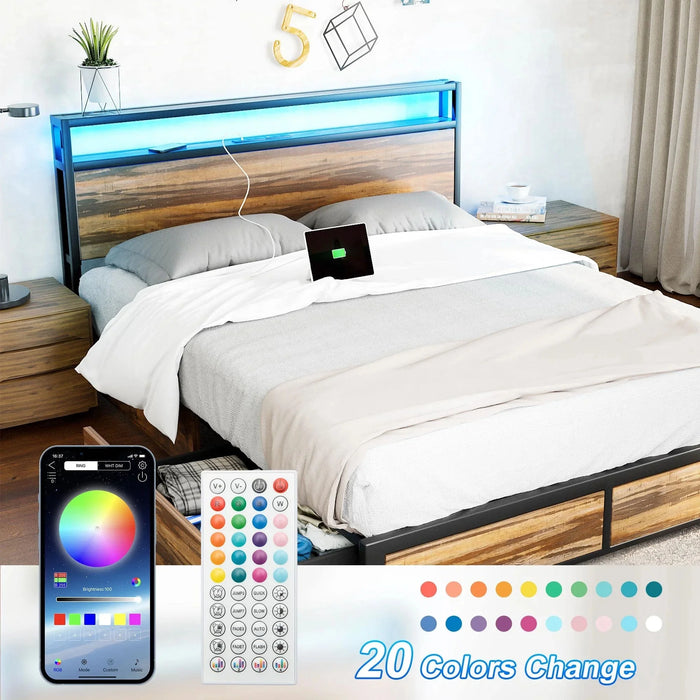 LED Queen Bed Frame with Storage Headboard & 4 Drawers, Industrial Metal Platform Bed with Power Charging Station & USB Ports