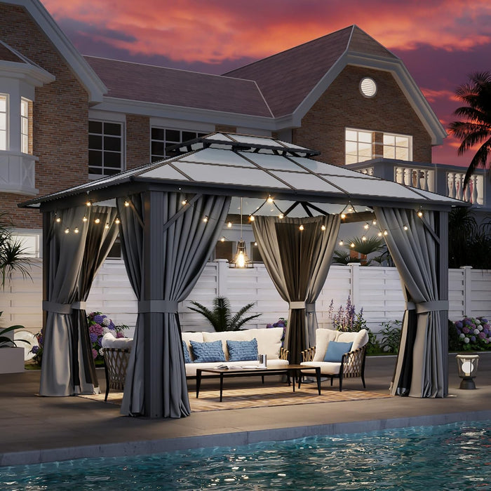 10'X12' Hardtop Gazebo, Aluminum Framed Outdoor Gazebo with Double Polycarbonate Roof, Durable Pavilion with Curtains & Netting for Patio, Garden, and Lawn