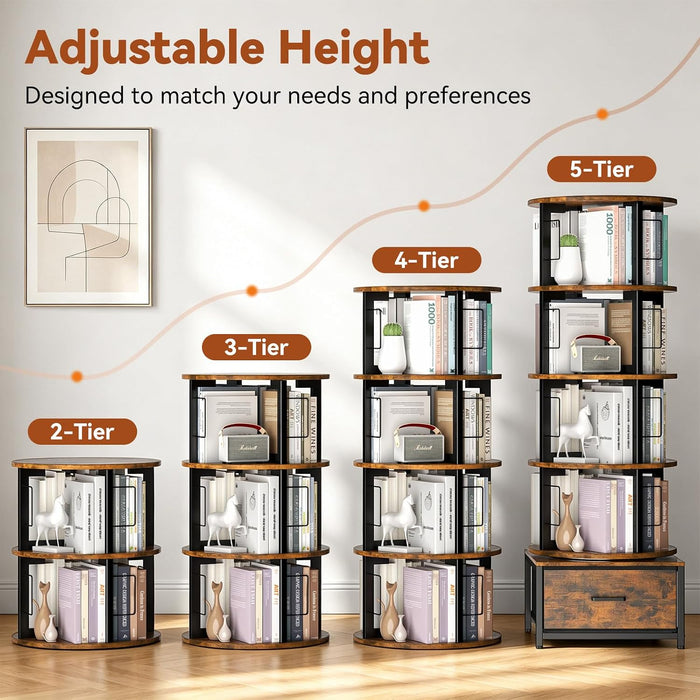 5 Tier Rotating Bookshelf Tower with Storage, Rustic Brown | 360° Spinning Bookcase with Fabric Drawer, round Revolving Book Shelf Organizer, Narrow Swivel Bookshelves for Small Space