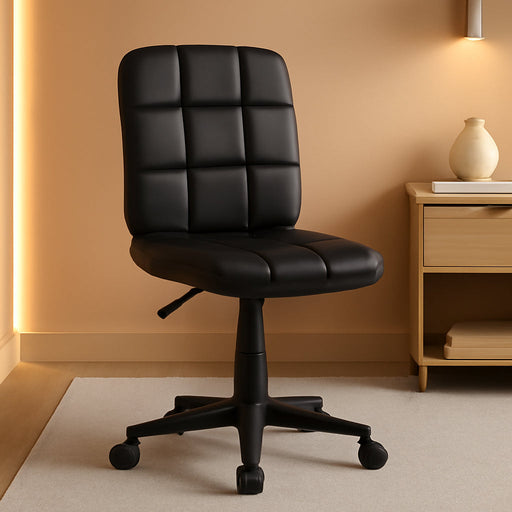Clayton Mid-Back Tufted Vinyl Upholstered Swivel Desk Chair with Padded Seat, Modern Adjustable Height Padded Office Chair, Black