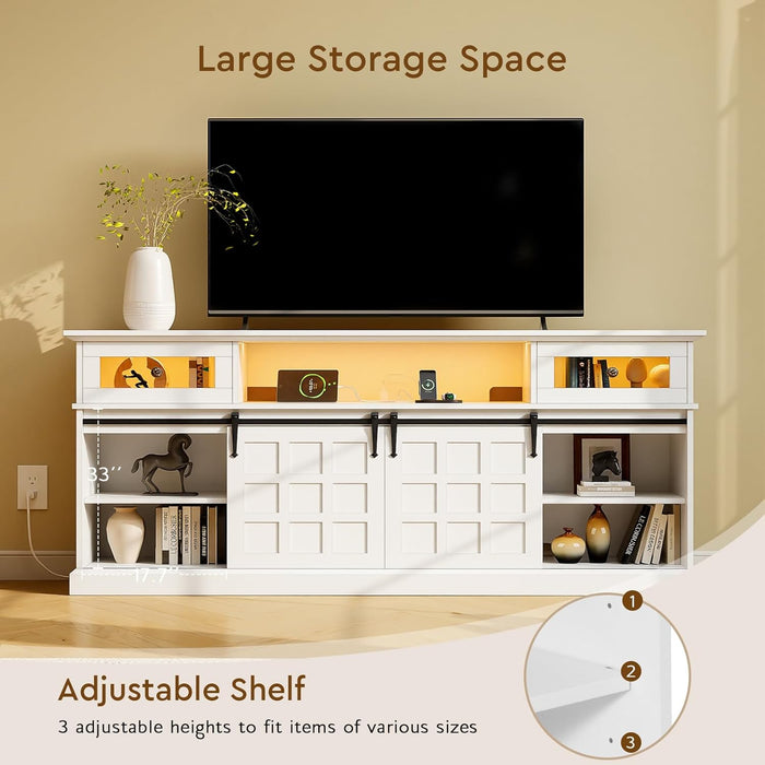 70" LED TV Stand for Living Room, 33.5'' Tall Entertainment Center with Outlets for 80'' TV, Farmhouse Wood Media Console with Flip Drawers/Sliding Barn Doors, Modern White