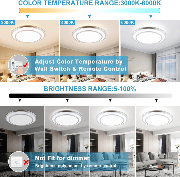 20" Modern Dimmable LED Flush Mount Ceiling Lights with Remote round Ceiling Light Indoor for Office Living Room Dining Kitchen Bedroom, Bulb Included