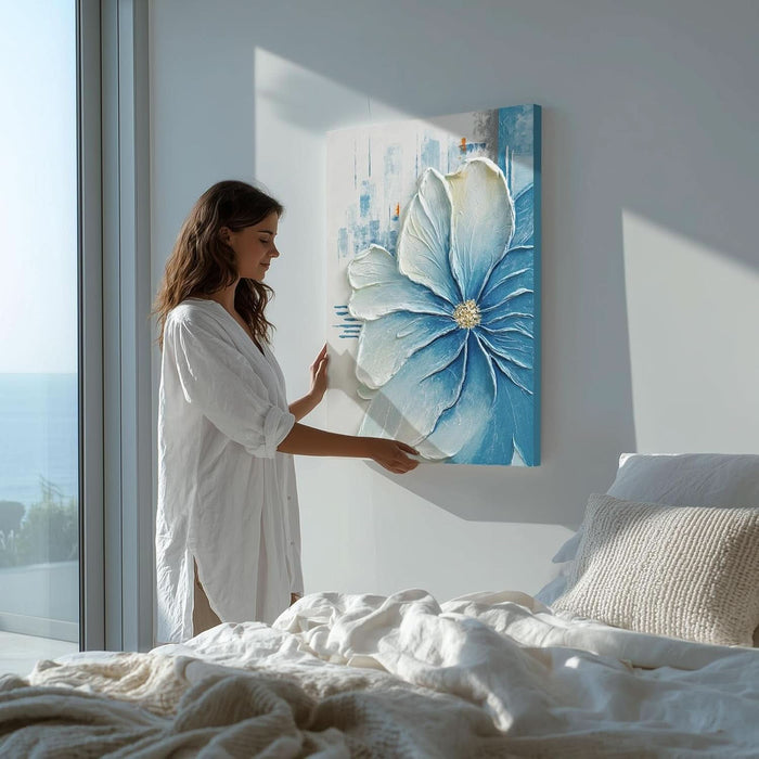 Hand-Painted Blue Floral Canvas Wall Art, 24X36 in Thick Textured Abstract Oil Painting, Vertical Modern Artwork for Living Room, Bedroom, Office, Large Original Wall Decor