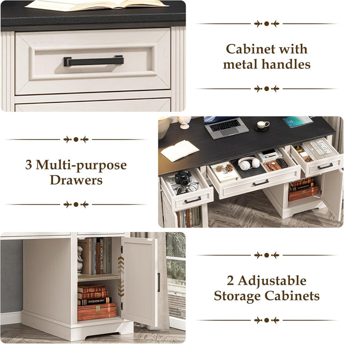 55.1" Modern Farmhouse Executive Desk with Built-In Charging Station, Home Office Computer Desk with 3 Drawers, 2 Adjustable Cabinets, Large Storage Writing Workstation for Working, White