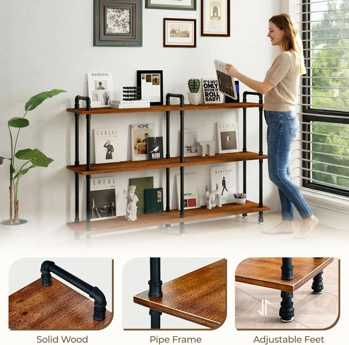 Industrial Bookshelf, Pipe Shelf Bookcase, 3 Tier, 60" Rustic Brown | Solid Pine Shelves, 60 Inch Wide, Black Pipe Frame, 70 Lbs per Shelf, Open Bookcase for Books, Plants, Office