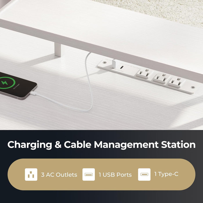 Electric L Shaped Standing Desk, 59 Inch Height Adjustable Stand up Desk with Power Outlets ＆ Full Monitor Stand, Reversible Corner Desk for Home Office ＆ Computer Workstation, White