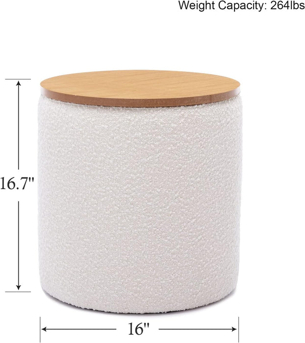 Modern round Ottoman with Storage, 16 Inch Dorm Boucle Ottoman Small Coffee Table, Multi-Functional Wood Foot Rest Stool, Extra Seating Chair for Dorm, Living Room Couch, Bedroom, Off-White