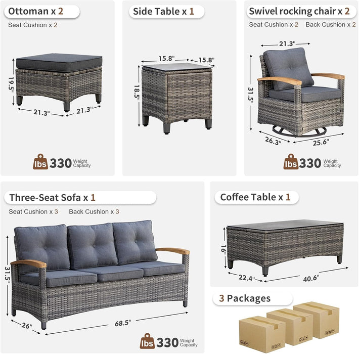 7 Pieces Patio Furniture Sets,Outdoor Rattan Furniture Conversation Sets with 2 Wood Armrests Swivel Rocker Chairs, 2 Ottoman, 2-Seat Sofa and Coffee Table(Grey)
