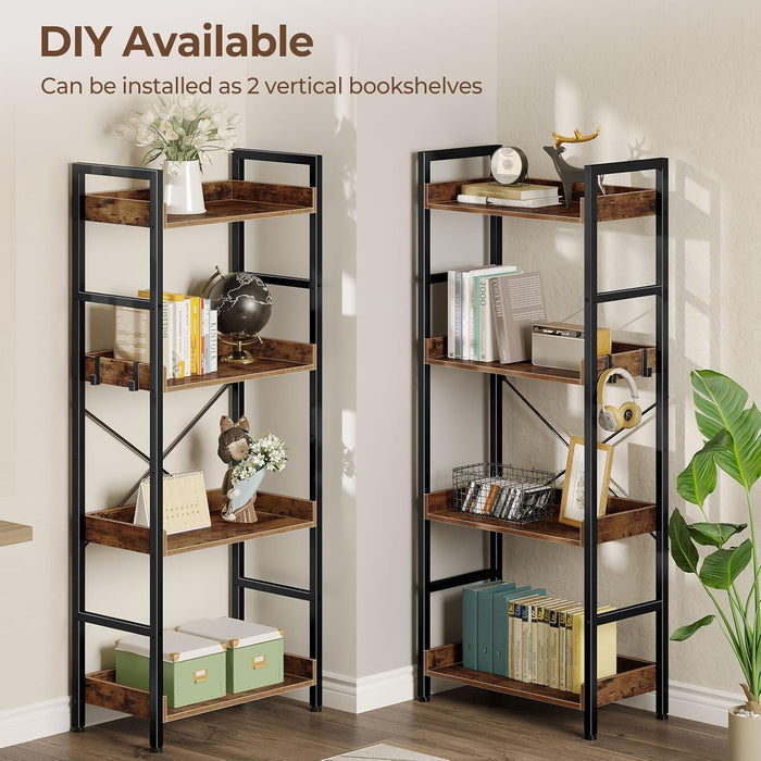 Bookshelf 4 Tiers with 4 Hooks, Triple Bookcase with Open Display Shelves, Industrial Wide Bookshelf with Metal Frame for Living Room, Office, Rustic Brown