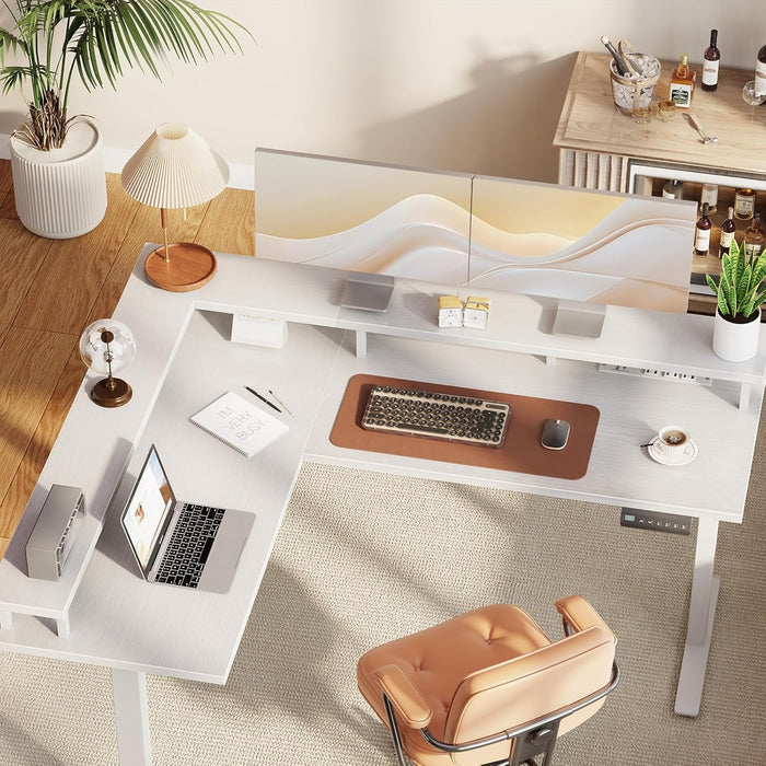 Electric L Shaped Standing Desk, 59 Inch Height Adjustable Stand up Desk with Power Outlets ＆ Full Monitor Stand, Reversible Corner Desk for Home Office ＆ Computer Workstation, White