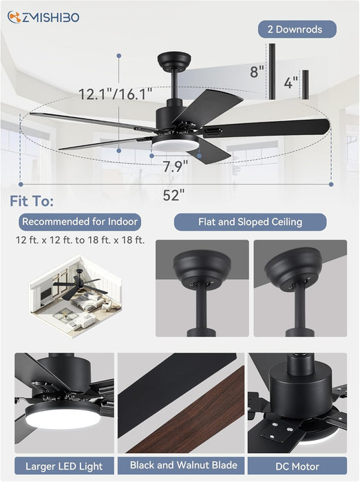 2 Pack 52" Ceiling Fans with Lights, Black Modern Ceiling Fan with Remote, Farmhouse Indoor Ceiling Fan with Dual Finish Blades, Quiet & Strong Motor, Bright LED Light.