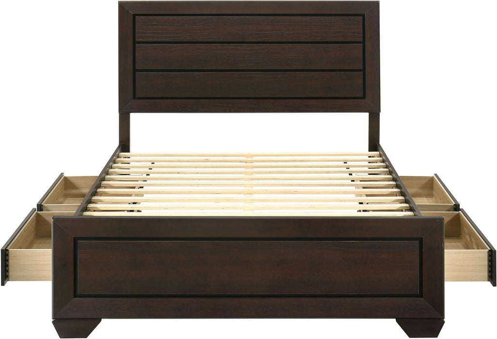 Home Furnishings - Kauffman - Wood - Queen Platform Bed with Horizontal Planked Headboard, 4 Drawers, and Side Storage - Bedroom - Dark Cocoa - 204390Q