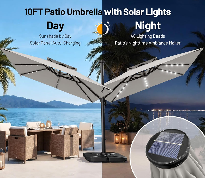 10×10FT Solar LED Cantilever Umbrella with Base Included, Double-Top Outdoor Patio Offset with 360 Degree Rotation, round Offset Hanging Umbrella for Garden Deck Pool, Light Grey
