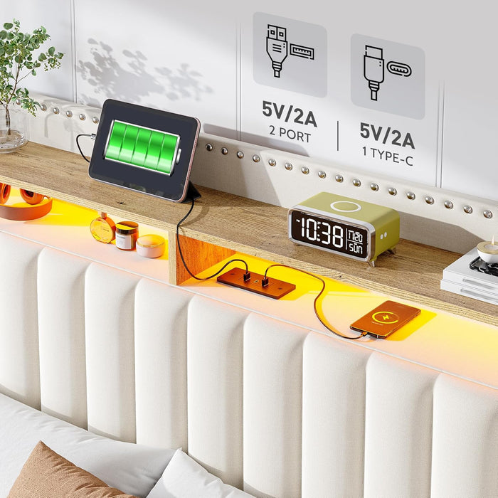 Full Size Bed Frame with 2-Tier Storage Headboard & Charging Station, LED Platform Bed Frame with 2 Storage Drawers, Sturdy Wooden Slats Support, Noise-Free, No Box Spring Needed, Beige