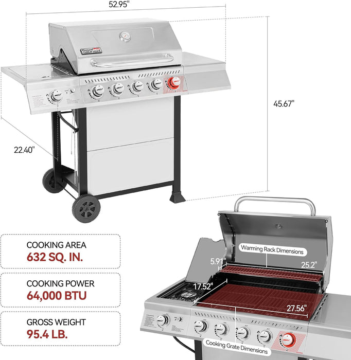 GA5401T 5-Burner Propane Gas Grill with Sear Burner and Side Burner, Stainless Steel BBQ Grill with 632 Sq. In. Grilling Area for Outdoor Barbecue Cooking, 64,000 Btus, Silver