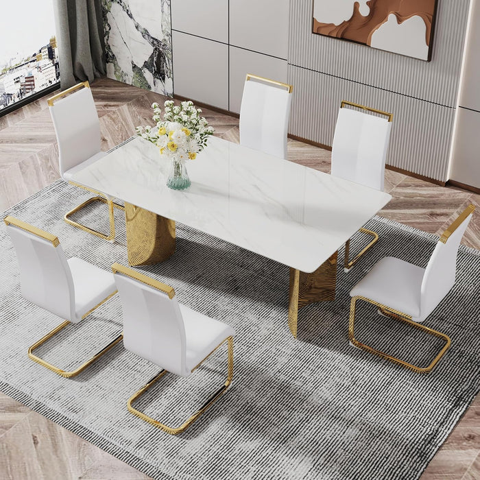 Modern Dining Table for 8,White Marble Dining Table with Golden Stainless Steel Base,71'' Gold Dining Table Ideal for Kitchen Dining Room