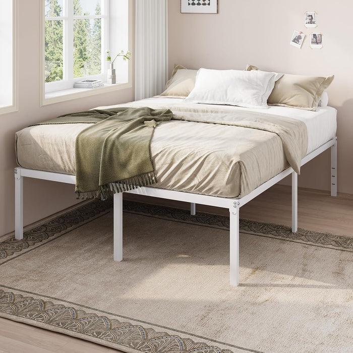 Full Size Bed Frame, 18 Inch Metal Beds with Storage Space, White