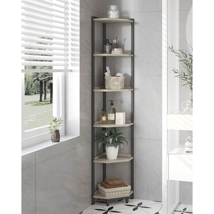 Corner Shelf Stand, Corner Bookshelf, Storage Standing Shelf Unit with Metal Frame, Plant Stand, Corner Bookcase for Living Room, Home Office, Bedroom, 6-Tier Greige CS06005B