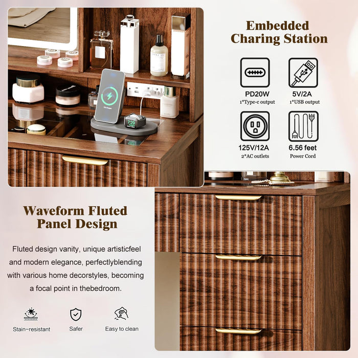 43.3'' Vanity Desk with Mirror and Lights, with Glass Tabletop, with 5 Drawers & Shelves,Makeup Vanity Set for Bedroom, Walnut1