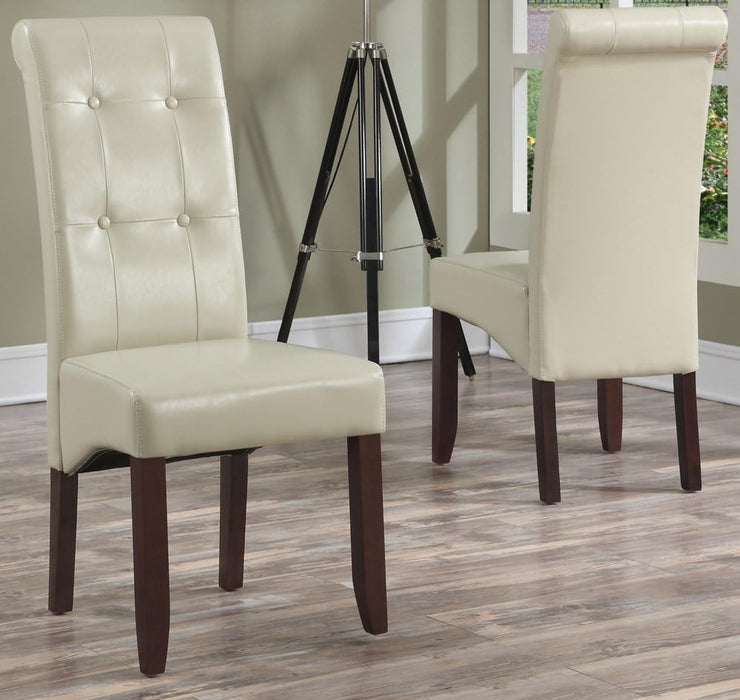 Cosmopolitan Parson Dining Chair (Set of 2), Satin Cream Faux Leather and SOLID WOOD, Square, Upholstered, for the Dining Room, Contemporary Modern