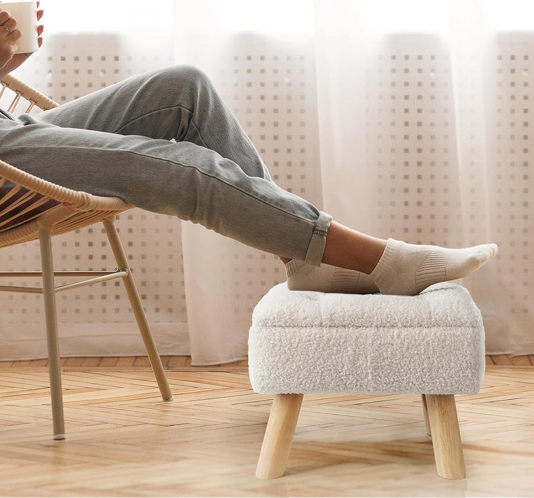 Storage Ottoman, Small Foot Stool Ottoman with Storage, Boucle Teddy Velvet Foot Rest with Padded Seat, Sturdy Wood Legs Stool for Living Room, Bedroom, Couch, Enterway (Cream)