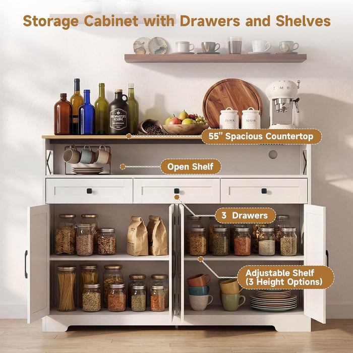 Sideboard Buffet Cabinet with Storage, 55" Kitchen Buffet Cabinet with Charging Station, Farmhouse Coffee Bar Station with Drawers and Doors, Credenza for Kitchen Living Room Entryway, White
