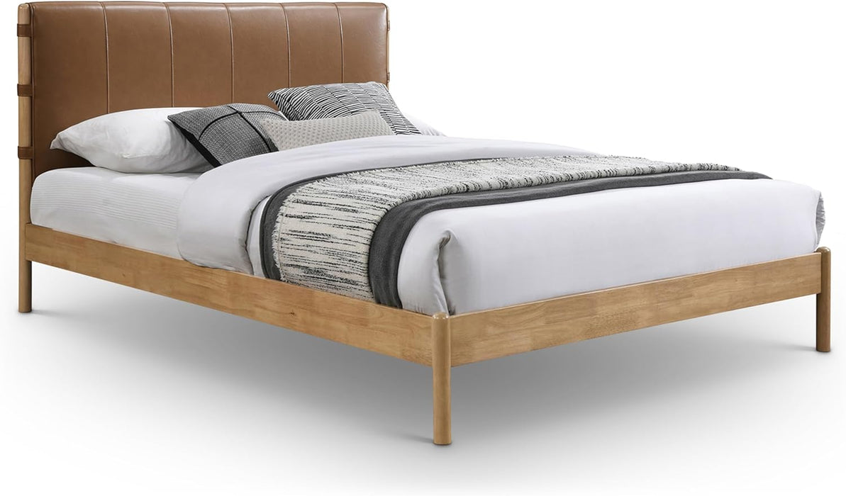 Ashercognac-Q Asher Collection Mid-Century Modern Queen Bed with Soft Cognac Vegan Leather, Solid Wood Natural Finish, 63.75" W X 85.5" D X 43.75" H, Cognac, Queen