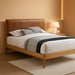 Ashercognac-Q Asher Collection Mid-Century Modern Queen Bed with Soft Cognac Vegan Leather, Solid Wood Natural Finish, 63.75" W X 85.5" D X 43.75" H, Cognac, Queen
