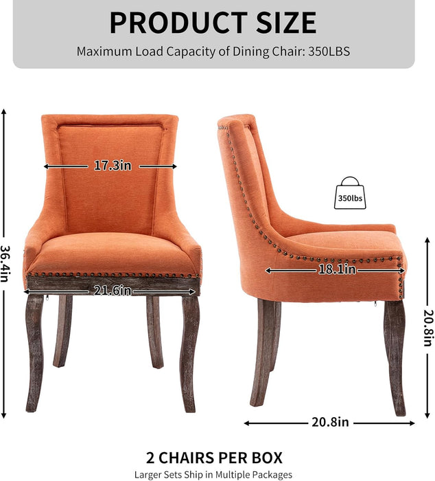 Modern Dining Chairs Set of 2, Fabric Upholstered High Back Chairs with Nailhead Trim and Curved Solid Wood Legs, Sillas De Comedor Accent Chairs for Dining Room, Orange