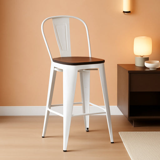 24" Metal Counter Height Bar Stools with Back Set of 4 Off-White | Modern Farmhouse Barstools with Large Seat, Footrest, High Back Counter Bar Chairs for Kitchen Island, Dining Room