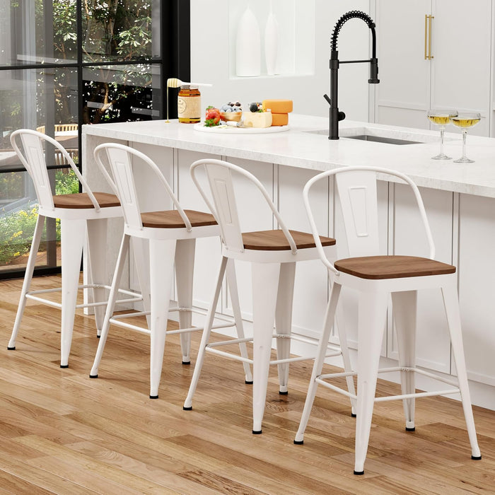 24" Metal Counter Height Bar Stools with Back Set of 4 Off-White | Modern Farmhouse Barstools with Large Seat, Footrest, High Back Counter Bar Chairs for Kitchen Island, Dining Room