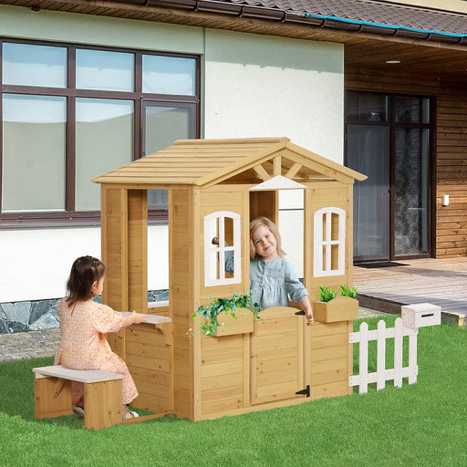 Outdoor Playhouse for Kids Wooden Cottage with Working Doors Windows & Mailbox, Pretend Play House for Age 3-6 Years