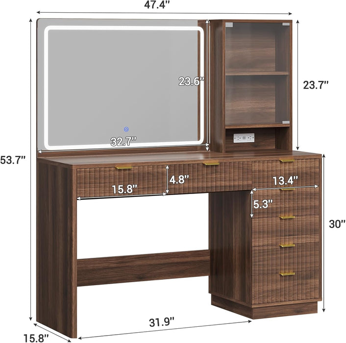 Fluted Vanity Desk with Large 32.7" Mirror and Lights, 47.4" Makeup Vanity with 7 Drawers & Glass Cabinet, Vanity Table with Charging Station & Storage Shelves, Brown