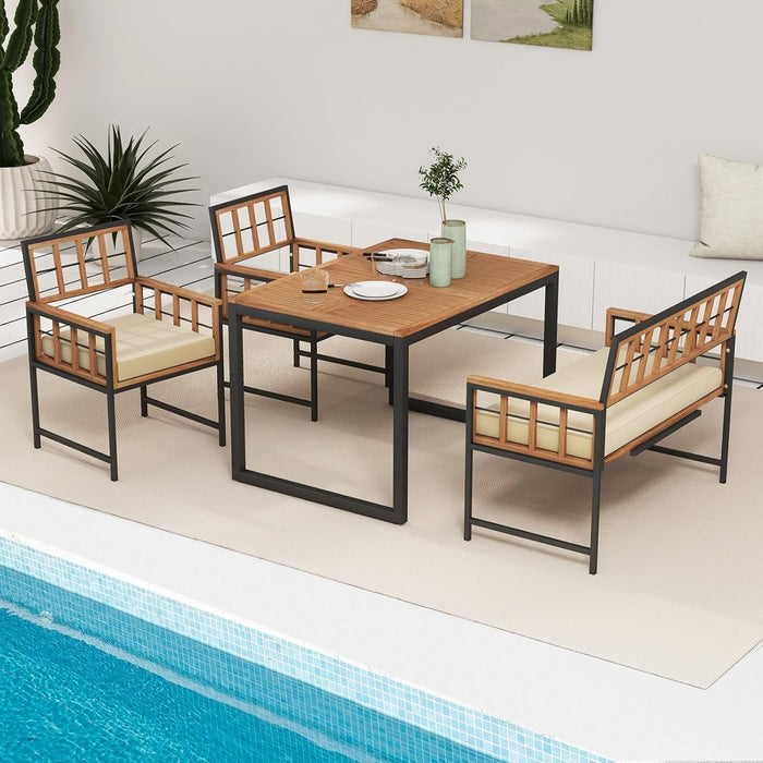4 Piece Patio Dining Set, Outdoor Wood Dining Furniture W/ 2 Chairs & 1 Loveseat, 47” Acacia Wood Table W/Umbrella Hole, Cozy Seat Cushions, outside Furniture Set for Backyard, Poolside