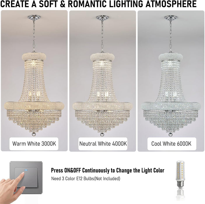 Empire Crystal Chandelier for Dining Room, 14 Light Chandelier Light Fixture for Foyer Entryway Living Room Stairway Bedroom Chrome Finish 24 Inch