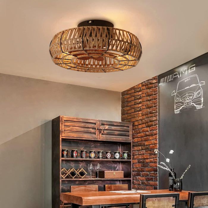 20" Caged Ceiling Fans with Lights and Remote, Boho Flush Mount Ceiling Fan with Light, Low Profile Chandelier 6 Speed Bladeless Reversible Ceiling Fan W/ 4 Bulbs. for Living Room Bedroom.