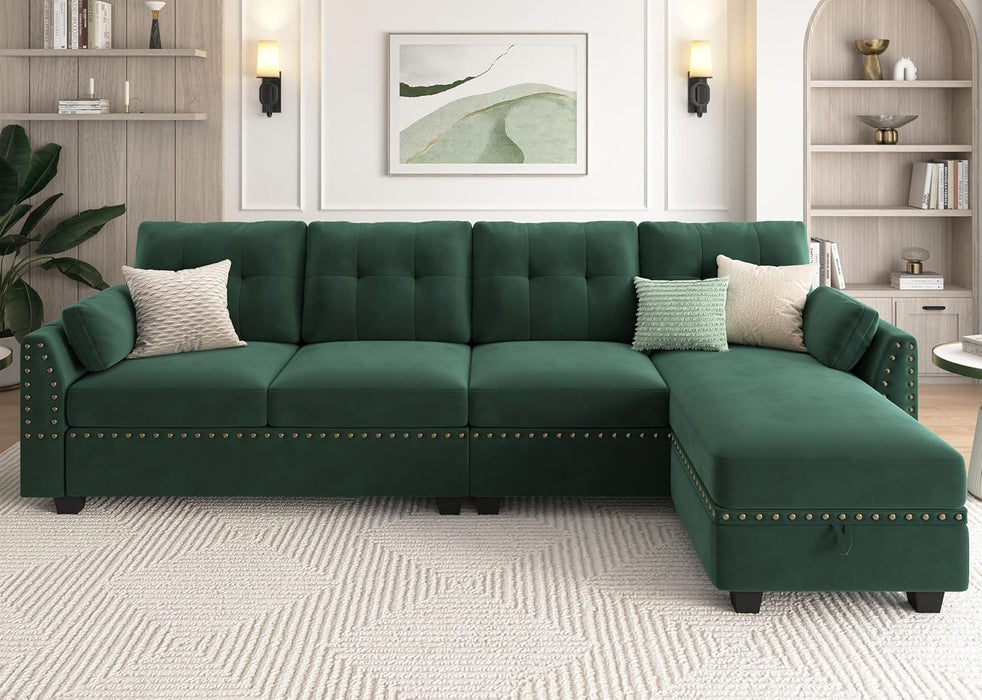 Velvet Convertible Sectional Sofa L Shaped Couch with Storage Ottoman Reversible Sectional Couch Sofa for Small Space,Green