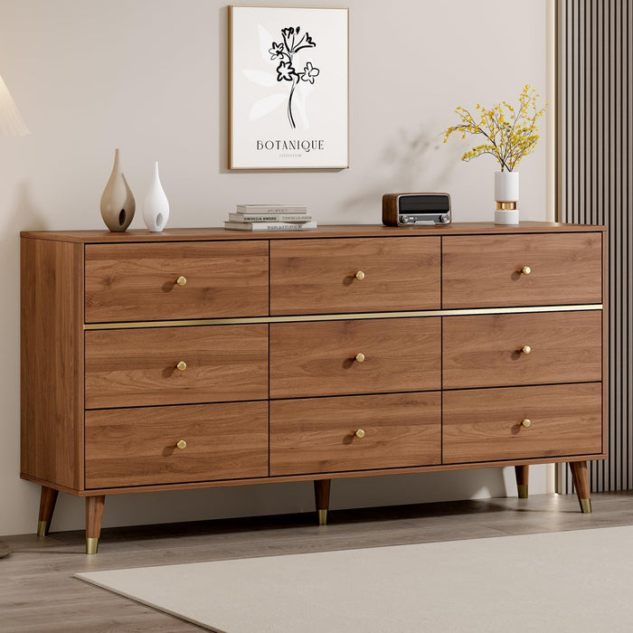9 Drawer Dresser,63" Wide Mid Century Modern Chest of Drawers,Wooden Bedroom Drawer Dresser with 9 Storage Drawers for Bedroom, Living Room,With Anti-Tipping Device,Tan