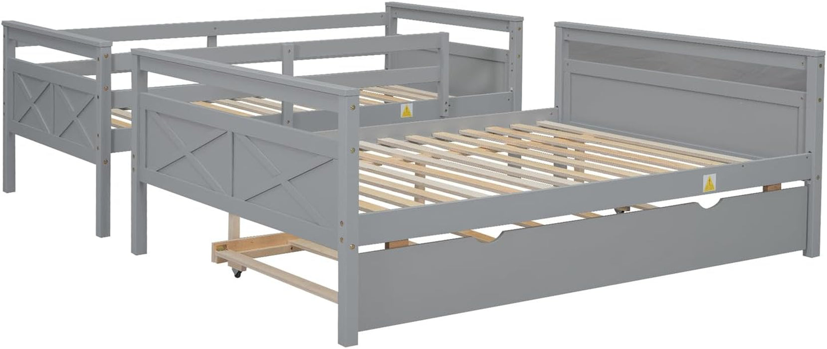 Trundle Bunk Bed, Twin over Full Wood Bunk Bed with Twin Size Trundle, Solid Wood Bunk Bed Frame with Guardrail and Ladder, Grey