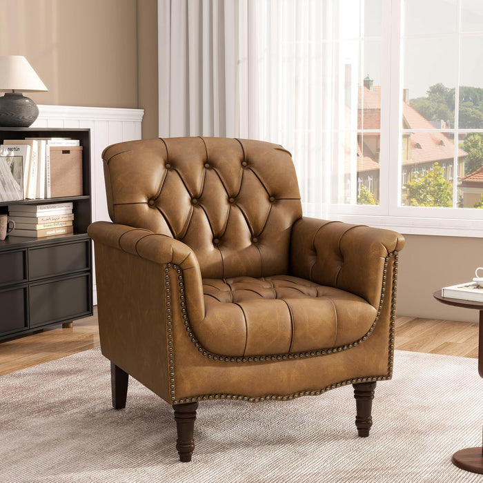 Upholstered Faux Leather Armchair With Nailhead Trims