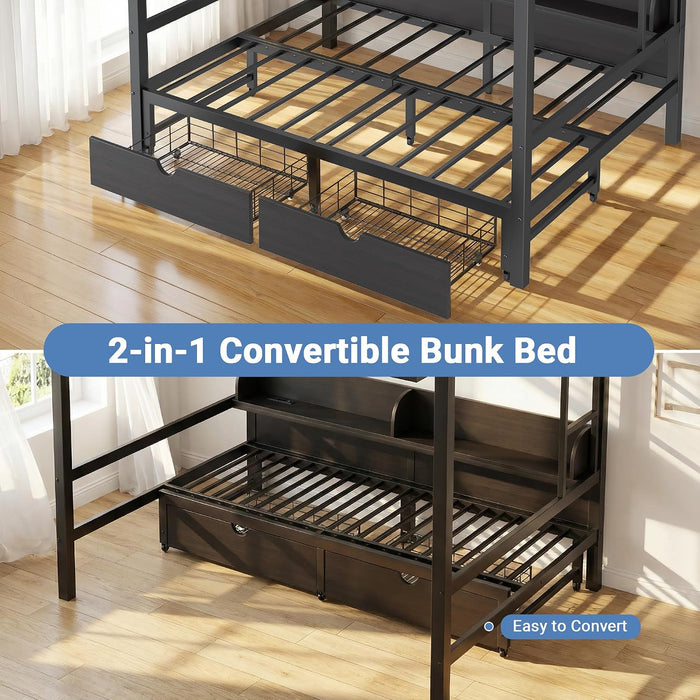 Queen Over Queen Metal Bunk Bed USBChargingPortsAndLED