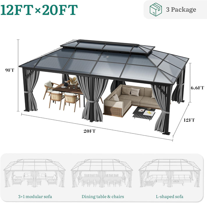 12X20Ft Gazebo Polycarbonate Hardtop Double Roof Canopy Outdoor with Netting and Shaded Curtains, Metal Frame Garden Tent for Patio, Backyard, Deck and Lawns, Grey
