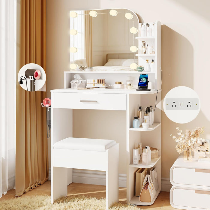 Makeup Vanity with Chair, Small Vanity Desk with Mirror and Lights 3 Colors, Girls Vanity Set with Power Outlet, Compact Vanity Table for Small Space, White