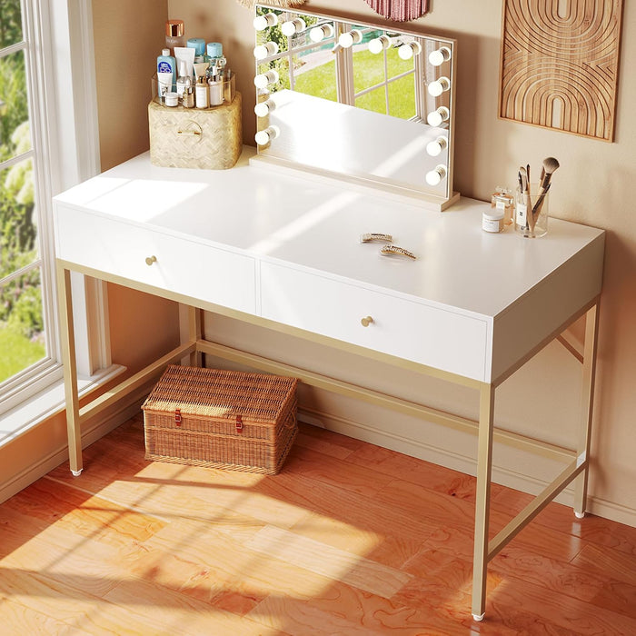 White and Gold Vanity Desk with Drawers, 47 Inch Computer Desk