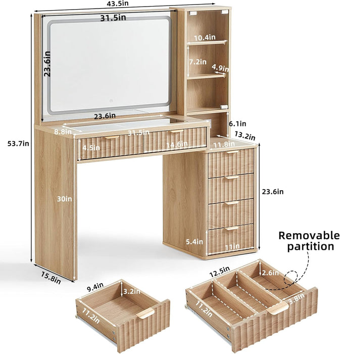 Vanity Desk with Mirror and Lights, 43.5'' Fluted Makeup Vanity with 6 Drawers and Adjustable Shelves, Glass Top Make up Vanity, Girls Wood Dressing Table with Power Outlet for Bedroom