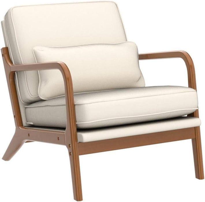 Accent Chair Mid-Century Modern Chair with Pillow Linen Fabric Upholstered Lounge Arm Chair with Solid Wood Frame & Soft Cushion for Living Room, Bedroom, Balcony, Beige