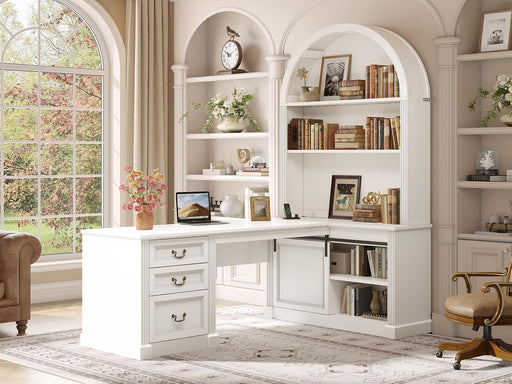 67" L Shaped Desk with Tall Arched Bookshelf, Mid-Century Office Computer Desk with 3 Drawers and Storage Shelves, Corner Executive Desk with Sliding Barn Door for Home Office, White